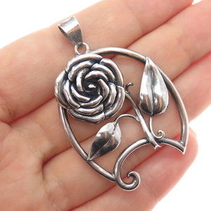 925 Sterling Silver Vintage Belle Rose Oxidized Charm Pendant